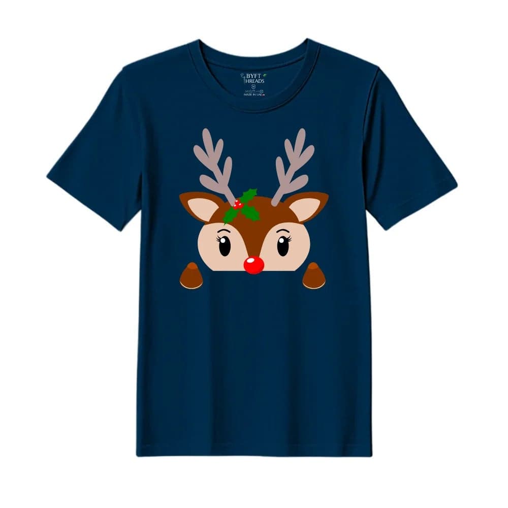 BYFT Threads XL Navy Blue Polycotton T-Shirt - Christmas "Christmas Deer Face" Printed Design, Premium Holiday Collection