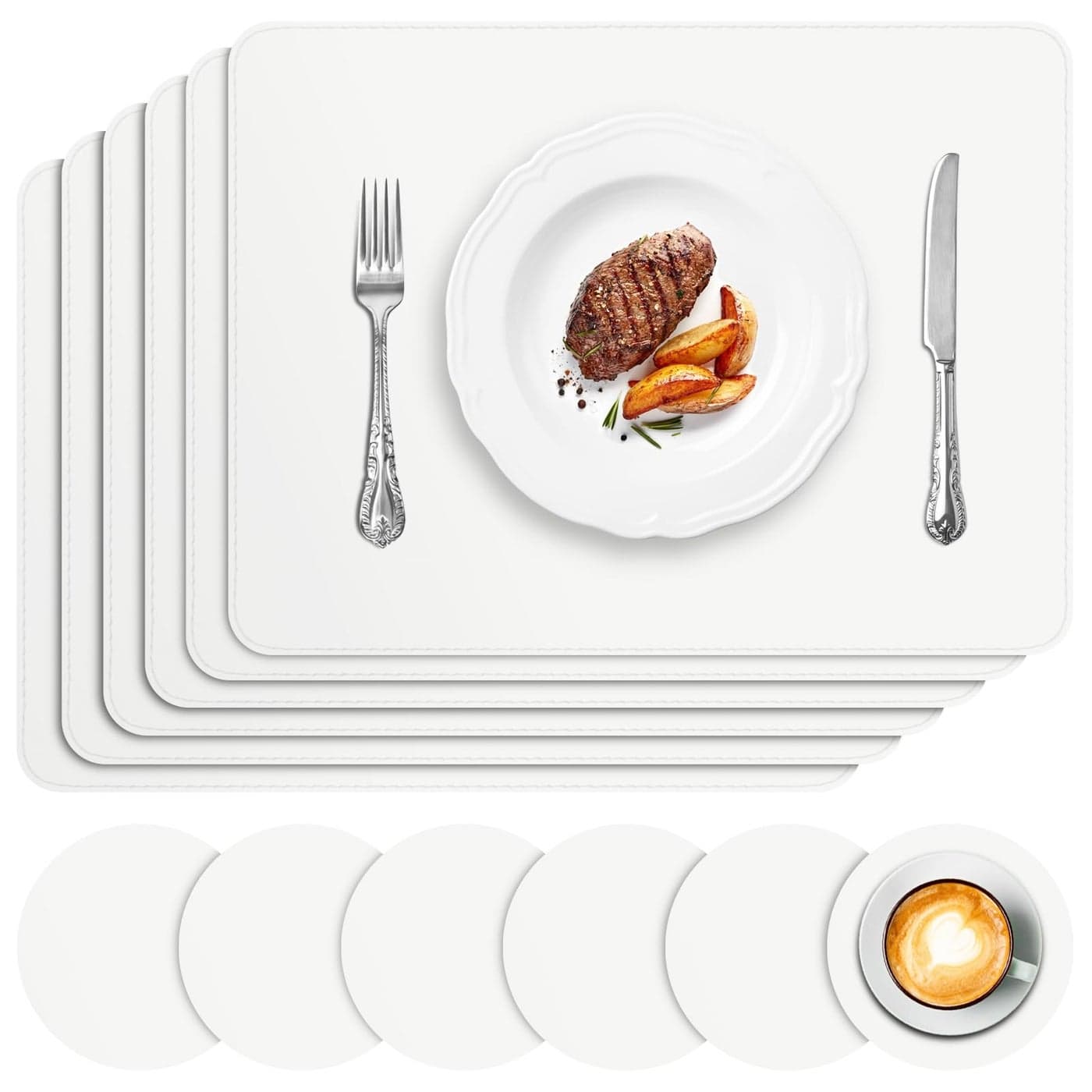 APLKER Placemats and Coasters Set of 6 Heat Insulation PU Leather Table Mats Waterproof Washable Dining Place Mats for Kitchen Indoor Outdoor Party 16 x12 inch White