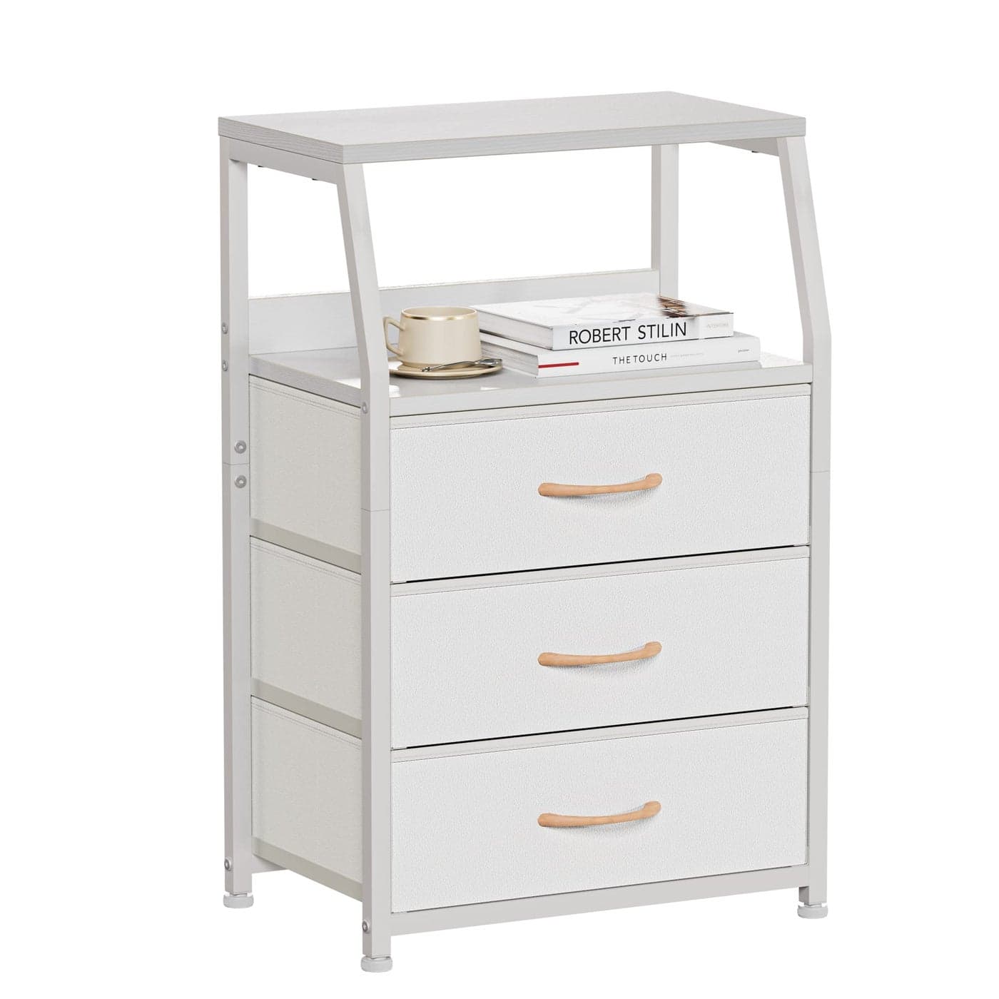 Furnulem White Nightstand with 3 Drawers and 2Tier Shelf Small Night Stand End Table Side Furniture Fabric Storage Organizer for Bedroom Closet Hallway Nursery Sturdy Steel Frame Wood Top
