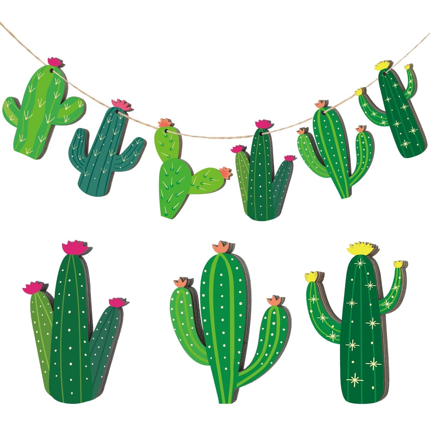 24 Pcs Cactus Cutouts Wooden Ornaments Summer Themed Party Banner DIY Cactus Green Decoration Hanging Embellishments Fiesta Party Decoration for Mexican Themed Birthday Baby Shower Banner