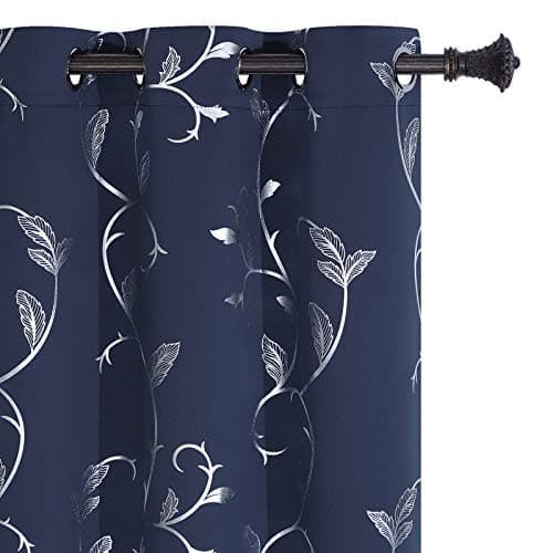 BUHUA Navy Room Darkening Curtains Printed Flower Vine Noise Reducing Window Drapes for Kids Room 38W×96L Inch 1 Pair