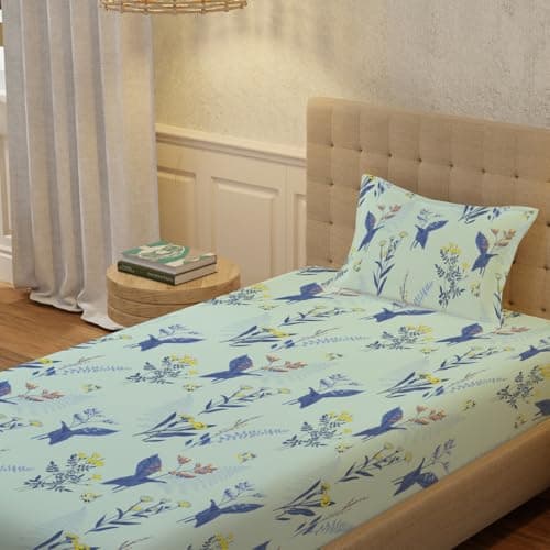 Urban Space Serene 200 TC 100% Cotton Bedsheet for Single Bed with 1 Pillow Cover, Single bedsheet (Whisper Mint Blue, Size 58 x 90 inches)