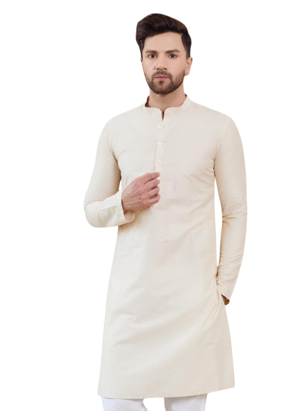 See Designs Men Full Sleeve Side Slit Cream Cotton Solid Straight Mandarin Collar Kurta - SDKT2413XXL