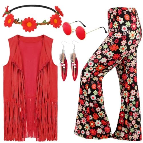 Leumoi 5 Pcs 60s 70s Costume for Women Disco Outfits Hippie Accessories Fringe Vest Boho Flared Pants Set for Halloween(Medium,Stylish)