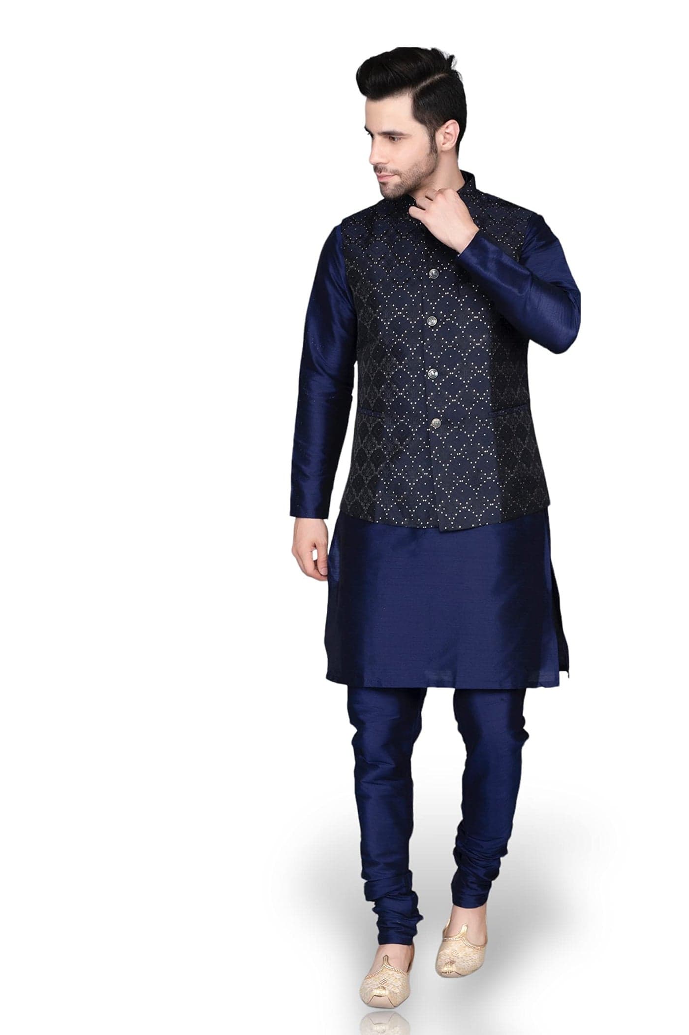 Ethluxis Men's Silk Blend Kurta Churidar Pyjama with Ethnic Bundi Jacket Set (42, Navy/Navy)