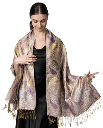 Achillea Women’s Paisley Pattern Sparkling Metallic Pashmina Shawl Wrap Scarf Stole (Violet)