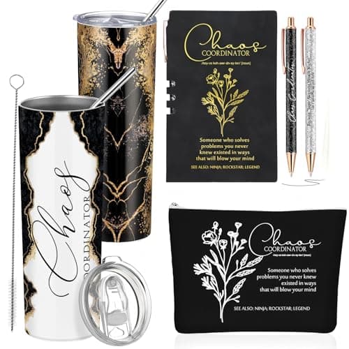 Domensi 6 Pcs Chaos Coordinator Cna Week Bulk 2026 End of Year Teacher Nurse Appreciation Gifts 20oz Tumbler Makeup Bag Notebook with Ballpoint Pen for Employee Team Wedding Manager CoworkerBlack