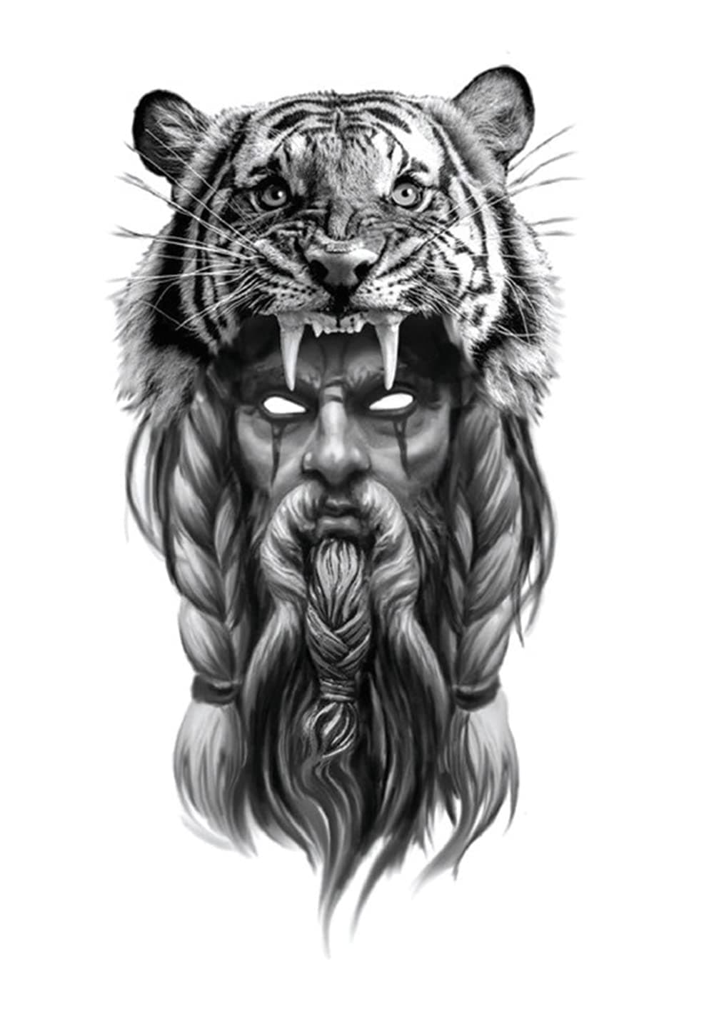 S.A.V.I Temporary Tattoo Stickers, Maneater Tiger Old Man Head Tattoo Pattern For Men, Women, Tattoo For Hand Arm, Size 21x11cm - 1Pc.