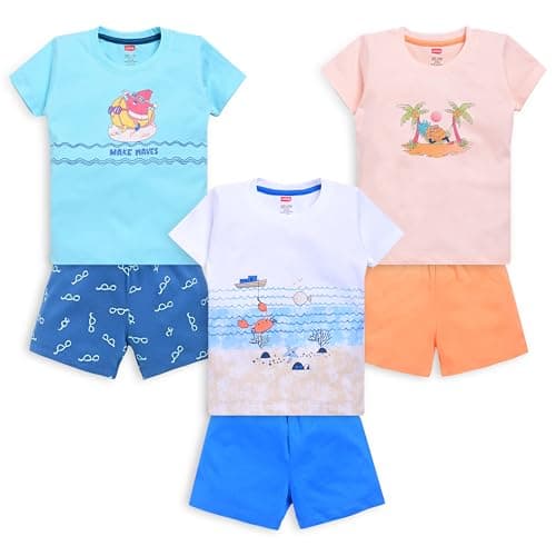 Luvlap Boys 100% Cotton Printed Regular Fit Half Sleeves T-Shirts and & Shorts Sets Pack Of 3, White, Light Peach & Aqua, XL (12 to 18 Months)