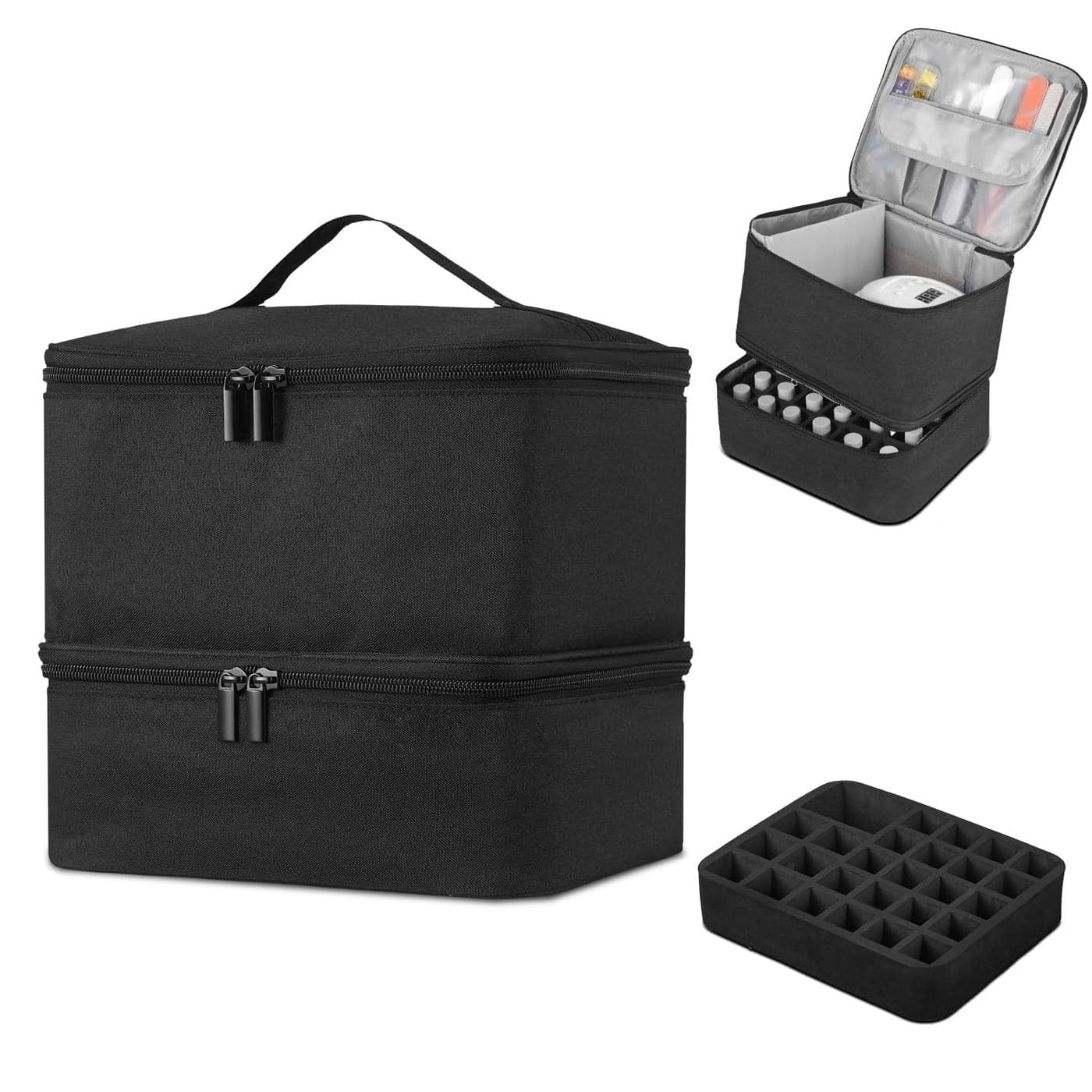 Buruis DoubleLayer Nail Polish Organizer Bag Holds 27 Bottles 15ML05 FLOZ or Larger Nail Tools Dryer Storage Case with Adjustable Dividers Black