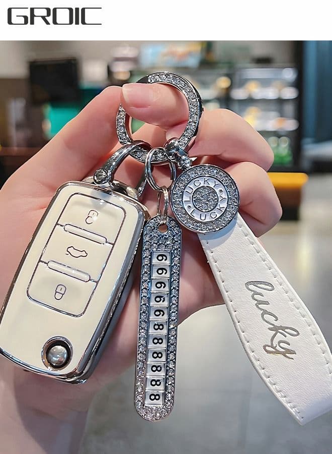 Crystal Car Key Fob Cover Chains for Volkswagen Models, Bling Car Smart Key Fob Keyless Entry Remote for Ladies Women With Contact Information and Hand Rope