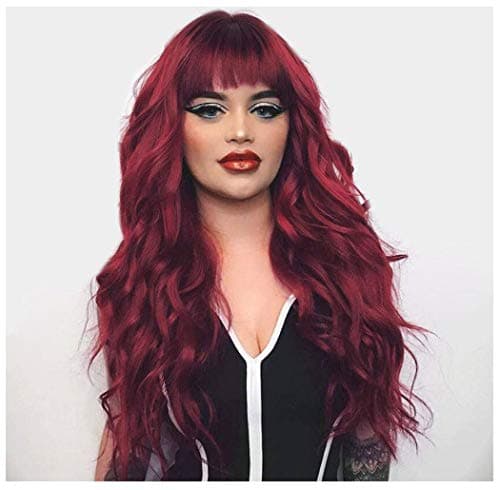 QACCF Long Burgundy Wig with Bang Women Long Wavy Fluffy Curly Heat Resistant Full Bang Girls Wig (Red)