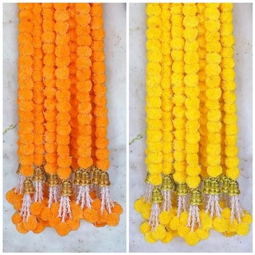 Abhaas Plastic Handmade Artificial Marigold Flower Garland Long Flower Garlands for Door Decoration Toran Genda Phool for Wedding/Festivals with Bells and Rajnignadha (5 Yellow+5Orange / 5Ft)