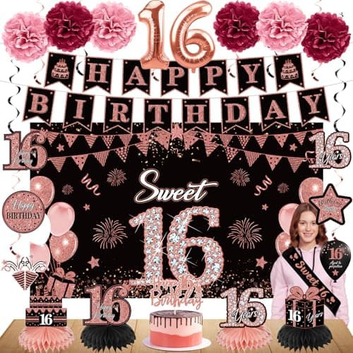 Eucutur 42PCS 16th Birthday Party Decoration Kit for Girls, Rose Gold Happy 16th Bday Banner Balloon Honeycomb Centerpiece Swirl Paper Pompom Party Supplies, 16 Bday Sash Table Cake Topper Swirl