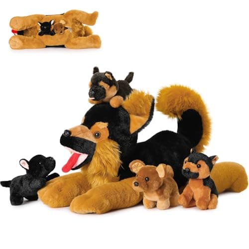 MaoGoLan 5Pcs Giant German Shepherd Dog Plush Toys with 4 Babies Realistic Soft and Cuddly Stuffed Dog Puppies for Kids Puppy Lovers