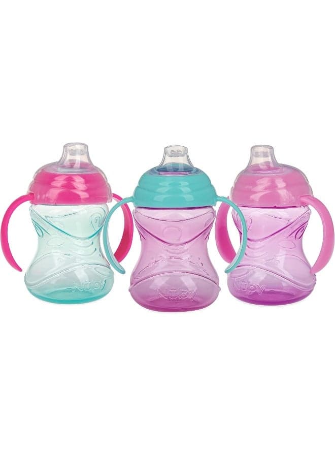 Nuby 3 Piece No-Spill Grip N’ Sip Silicone Cup with Soft Flex Spout, 2 Handle with Clik It Lock Feature, Girl, 10 Ounce, Light Pink, Bright Pink, Purple, Aqua