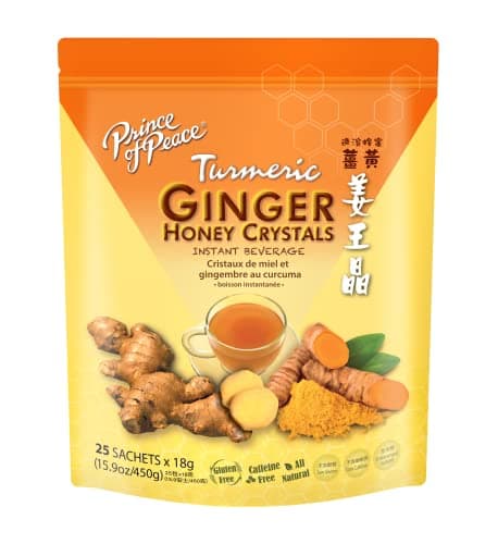 Prince of Peace Instant Ginger Honey Crystals wTurmeric 25 Sachets Instant Hot or Cold Beverage Easy to Brew Ginger and Honey Tea Caffeine and Gluten Free