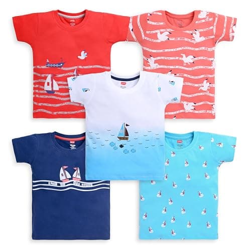 LuvLap Baby Boys Pack of 5 Half Sleeve Printed Regular T-Shirt 100% Cotton, L (6 to 12 Months), Multicolor