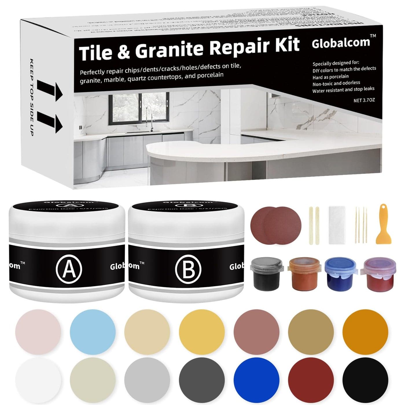 Globalcom Tile and GraniteMarble Repair Kit Porcelain Stone and Quartz Countertops Repair Kit for Chips Dents Cracks Holes Scratch Fix Chipped Edges Corners Reattaches Missing Pieces