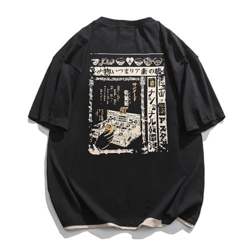 Aelfric Eden Mens 90s Vintage Oversized Shirts Unisex Harajuku T Shirt Print Graphic Tees Casual Summer Streetwear Top Black