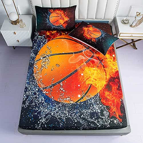 Roscloud Sports Basketball Sheets Sets Full Size 3PC Ice Flame Galaxy Basketball Boys Fitted SheetFitted Sheet1 Pillowcases2