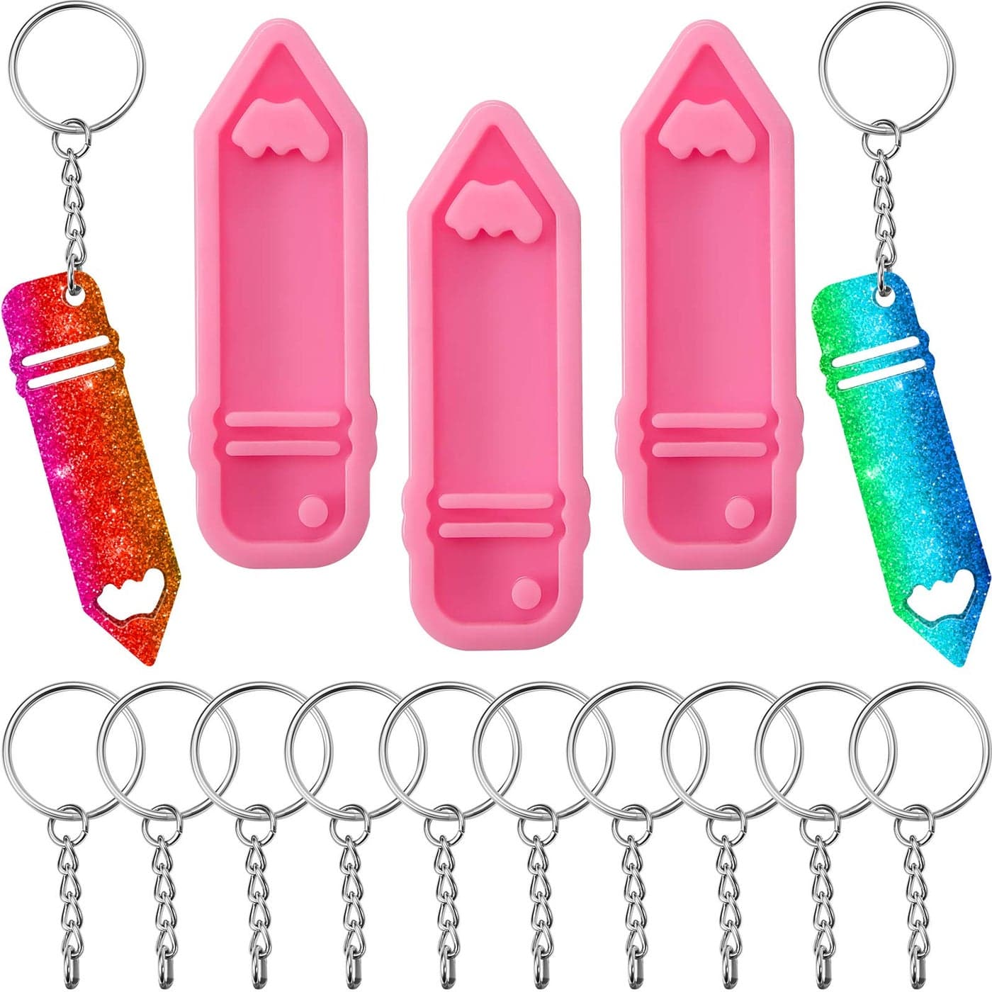 3 Pieces Pencil Shape Silicone Keychain Mold Pencil Keychain Pendant Polymer Clay Mold Chocolate Fondant Clay Moulds 10 Pieces Key Rings with Chains for DIY Decoration Pink