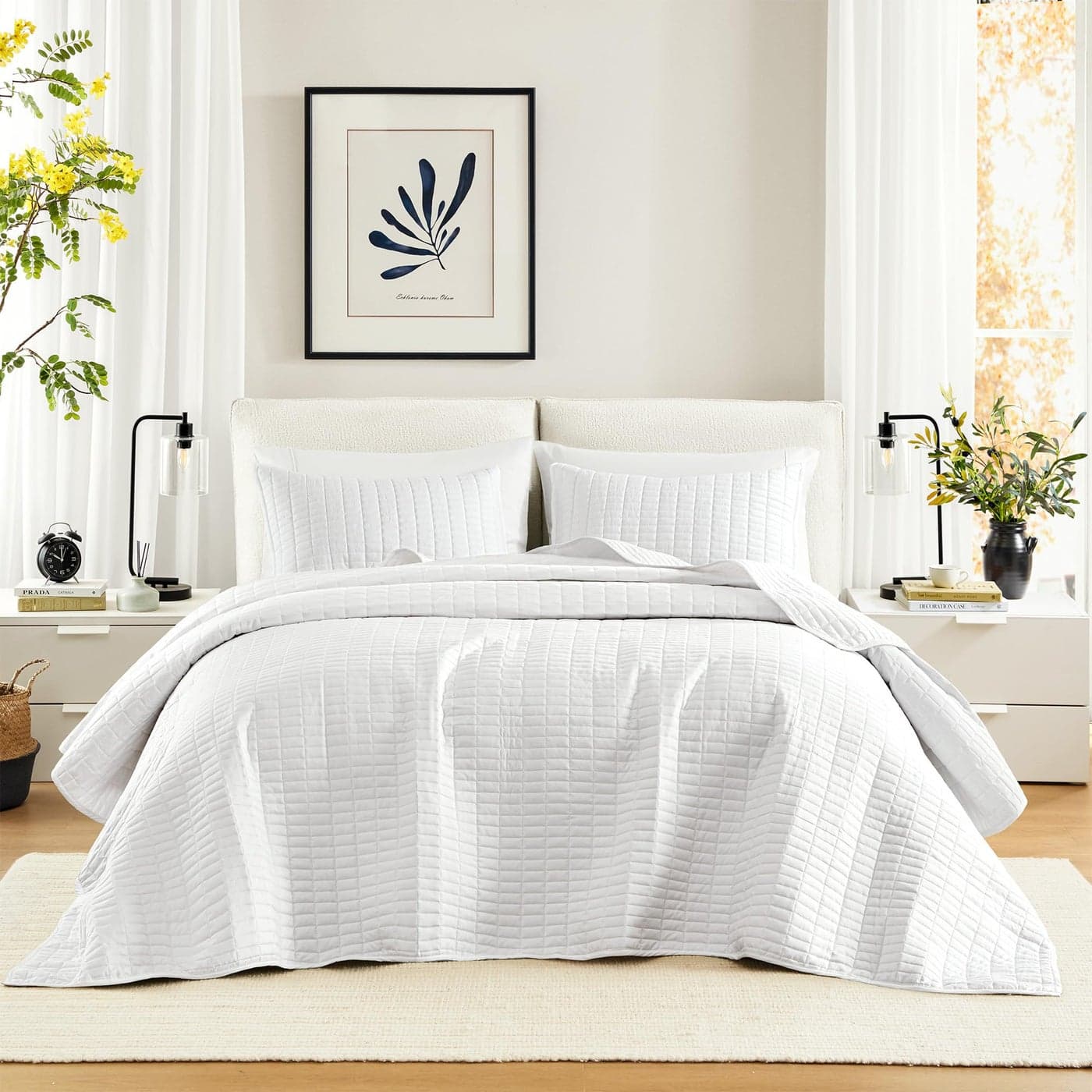 Comfort Spaces Queen QuiltAll Season Bedding White Bedspread with Double Sided Stitching Design Soft Summer Blanket Matching Shams Coverlet Kienna Collection 102x118 3 Piece