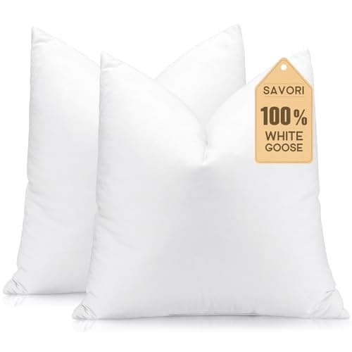 SAVORI Set of 2 Down and Feather Throw Pillow Inserts 20x20 Soft Fluffy Pillow Inserts with 100% Down-Proof Cotton Cover, Decorative Square Cushion Inner for Sofa Couch Bed-White