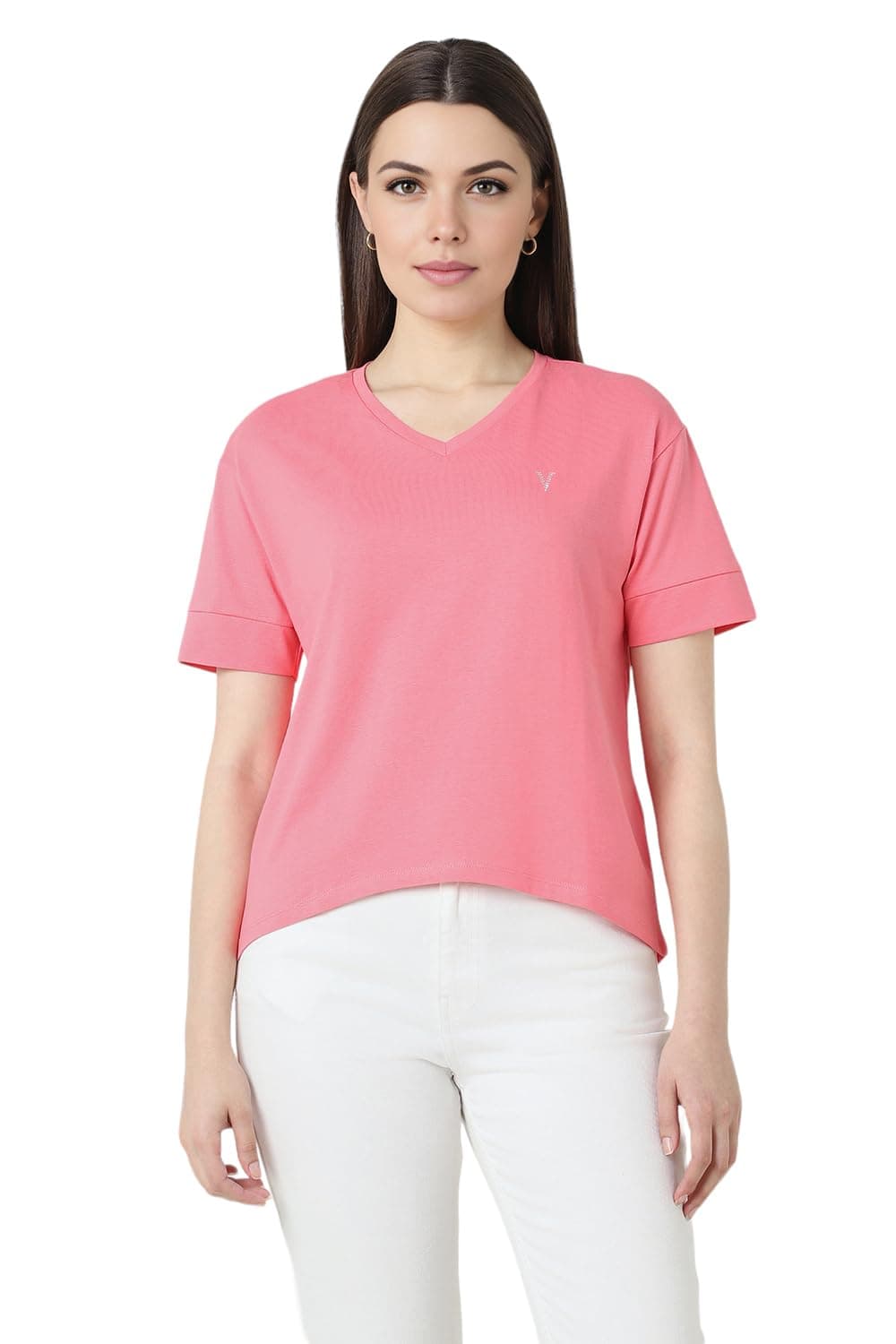 Van Heusen Women Cotton Blend Solid Regular Fit T-Shirt (VWCTURGPR45941_Pink XL)