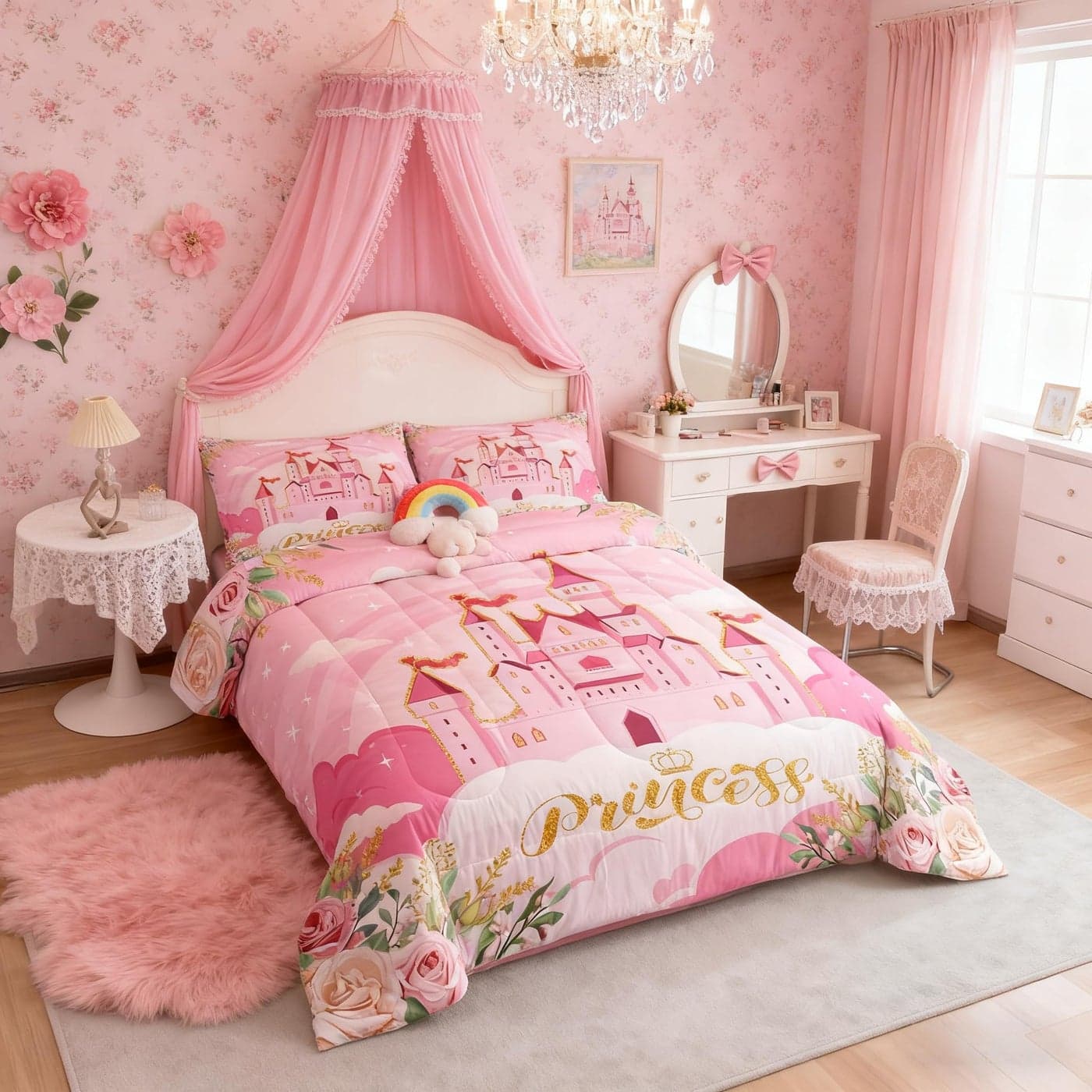Princess Twin Bedding Sets for GirlsPink Castle Dreamy Comforter Set Kids Bedroom DecorFlowers Garden Princess Bed SetFairy Tale Theme Duvet Insert Cute BlanketGifts for Girls