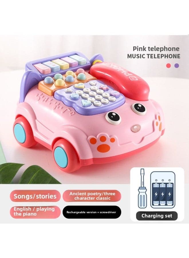 Children's Toy Simulation Telephone Landline Baby Puzzle Music Early Education 0-1-3 Years Old Boys And Girls 8 Months Old Baby-Color:5 In One Music Phone Car 【pink】 Charging Version