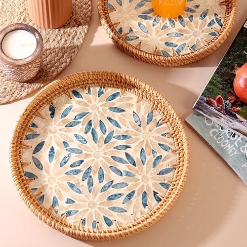 Habere India-All The Cultures Fabricating India Multipurpose Trays | Decorative Tea & Coffee Trays | Wooden Tea Tray for Snacks | Rattan Food Serving Tray - Round, Teal (Medium: Dia 30 x H 3 cm)