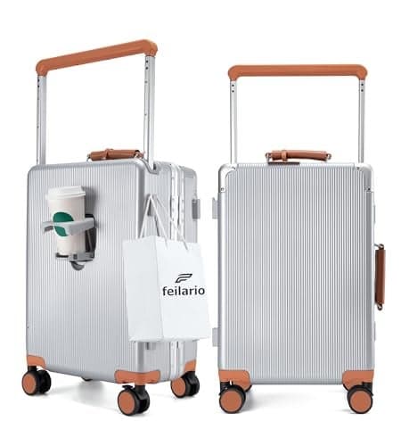 feilario 20'' Aluminum Frame Wide Handle PC Hardside Carry On Luggage - Double Spinner Wheels Luxury Rolling Travel Suitcase with TSA Lock & Cup Holder