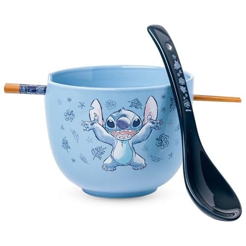Silver Buffalo Disney Lilo and Stitch Hands Up Leaves and Flowers Ceramic Ramen Noodle Rice Bowl with Chopsticks and Spoon, Microwave Safe, 20 Ounces