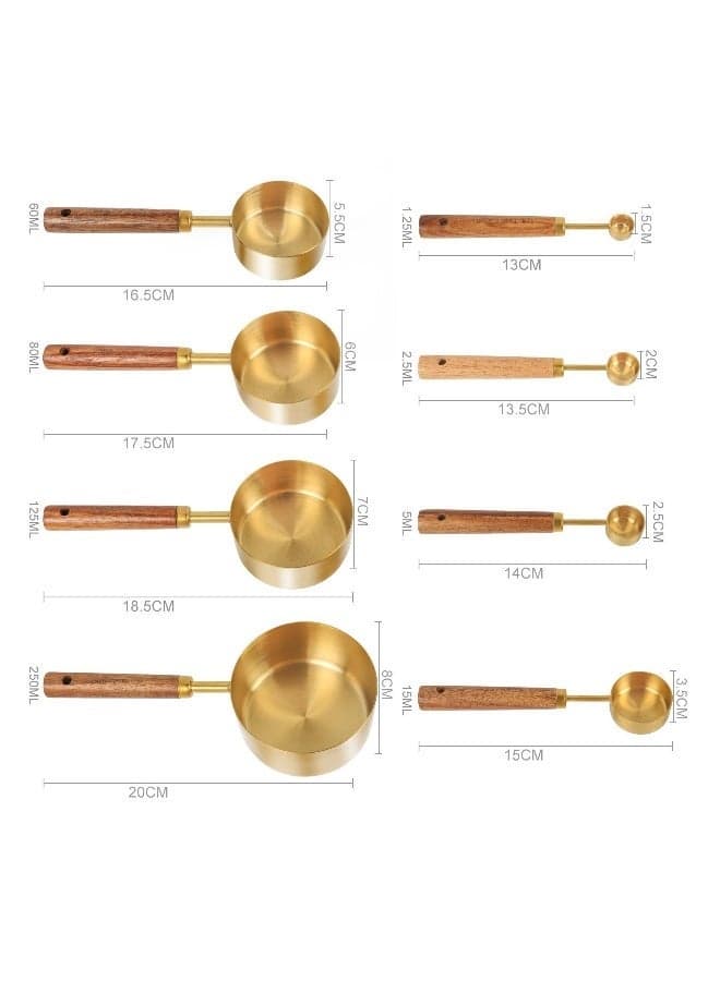 Gold Measuring Cups Set of 8, Wood Handle with Metric and Fragrant Wood Handle, Dry Liquid Measuring Cup, Stainless Steel Measuring Cups Ideal Kitchen Gadgets for Cooking and Baking Needs
