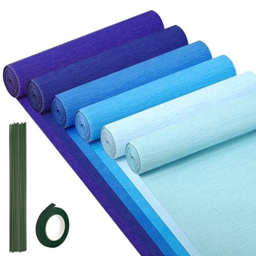 6 Rolls Crepe Paper Streamers 10 Inch x 8 Feet Flower Making Kits with Floral Tape and Stem Wire for Birthday Party Wedding Blue
