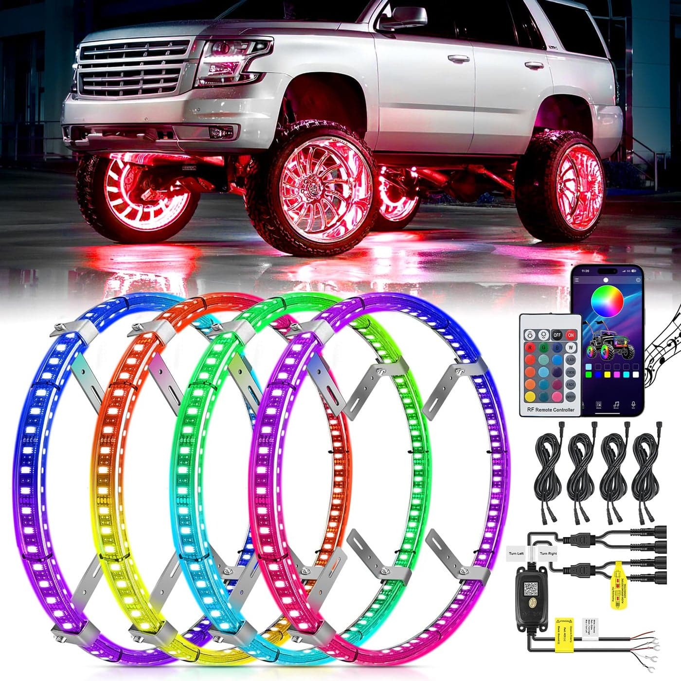 Nilight 4PCS 175inch Double Row LED Wheel Ring Lights RGB with APP and Remote Control Neon Light wTurn Signal and Braking Function Dual Row for Car Van SUV Truck