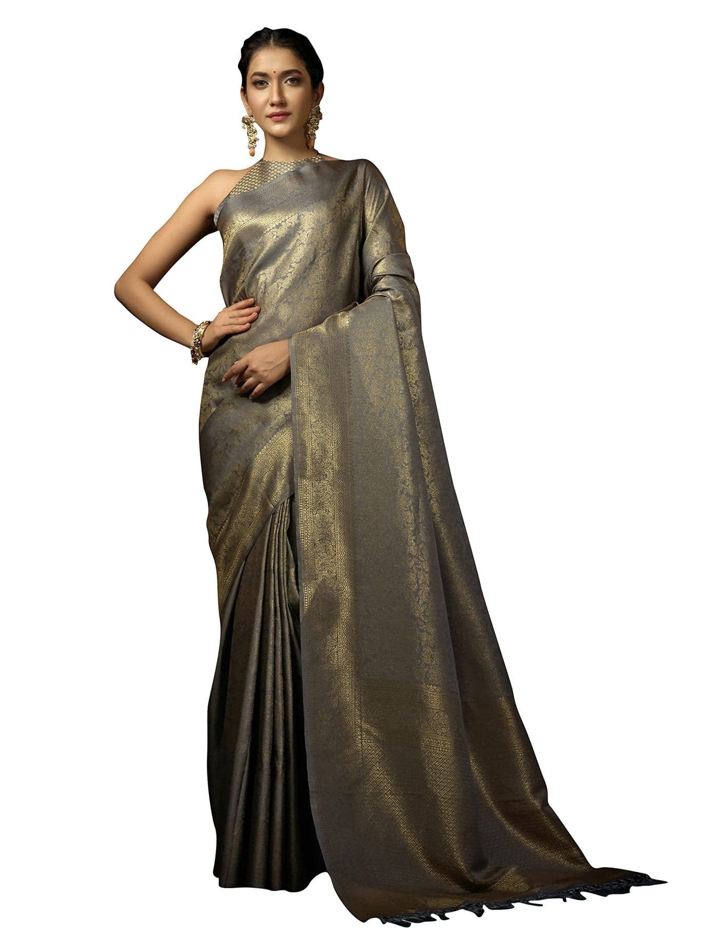Vardha Women's Kanjivaram Art Silk Saree, Zari Woven, Copper, Unstitched Blouse - Grey Sari Asya Silk, 396