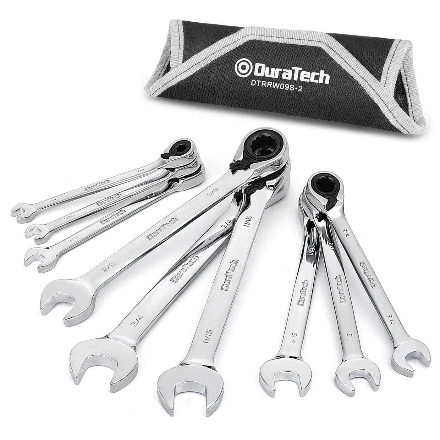 DURATECH Reversible Ratcheting Combination Wrench Set SAE 9Piece Open end Spanner with Rolling Pouch 14 to 34 12 Point CRV Steel