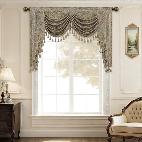Loom and Mill European Antique Waterfall Valance for Living Room, Luxury Jacquard Damask Swag Valances with Tassels, Taupe Gold Swag Curtains for Bedroom Window Holiday Decor(W59 Inch,1 Panel)