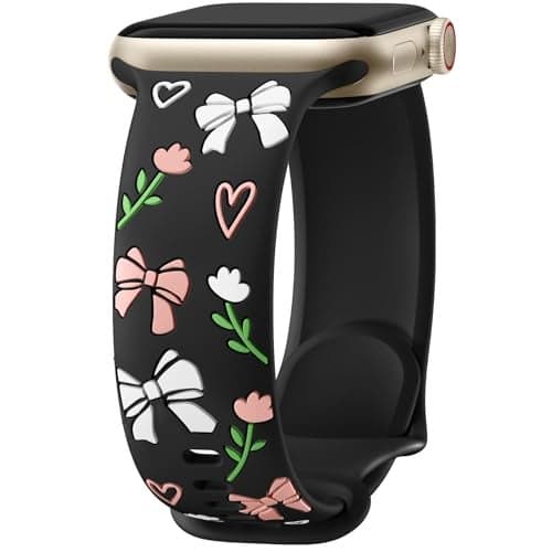 Lerobo Cute Bow Band Compatible with Apple Watch Bands for Women 41mm 40mm 38mm 42mm 44mm 45mm 46mm 49mm, Floral Engraved Soft Silicone Dressy Strap for iWatch Series 11 10 9 8 7 6 5 4 3 2 1 SE Ultra