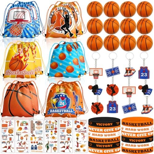 60PCS Basketball Party Favors Basketball Goodie Bags for Boys Includes 12PCS Basketball Drawstring Bags Bracelet Keychain Tattoo Stickers Mini Basketball for Basketball Birthday Party Supplies