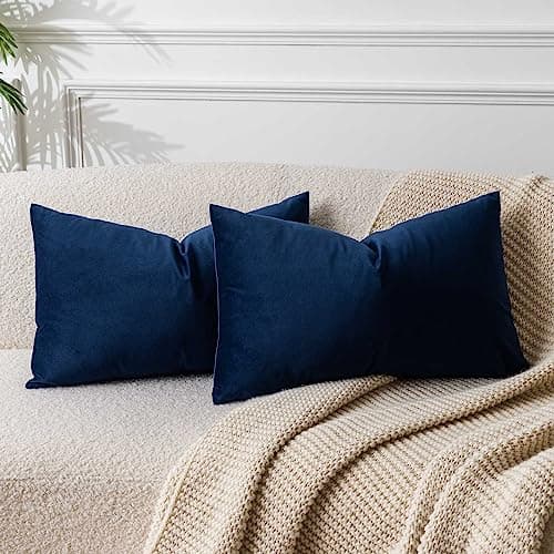 JUSPURBET Throw Pillow Covers Set of 2 Decorative Velvet Pillow Covers for Couch Sofa Bed Soft Lumbar Cushion Covers with Invisible Zipper for Living Room Home Decor,Navy Blue,12x20 inch