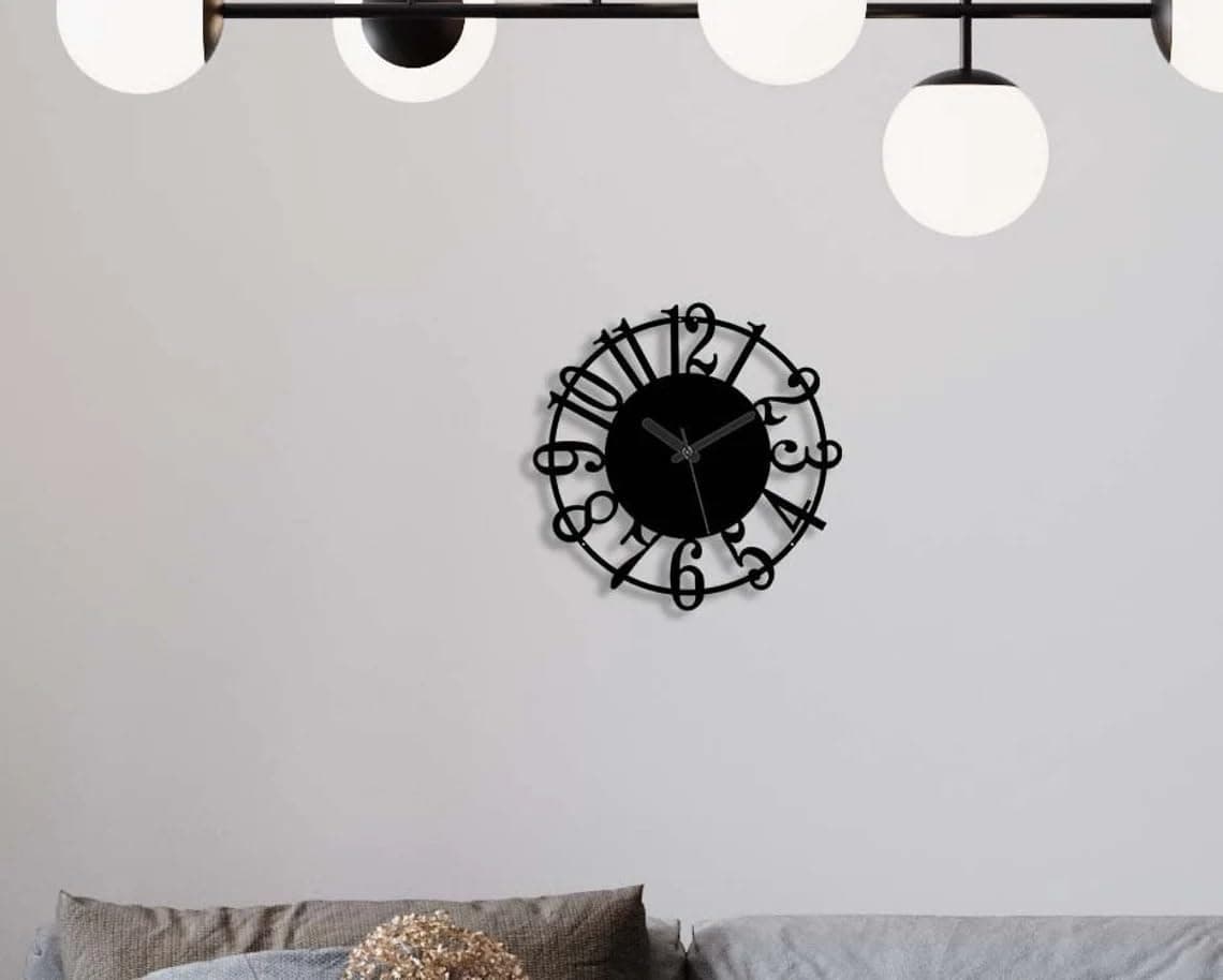 PRAMUKH FASHION Black Metal Large Wall Clock Wanduhr Metal Laser Cut Silent Non Ticking Horloge Housewarming Gifts 40 CM DA101