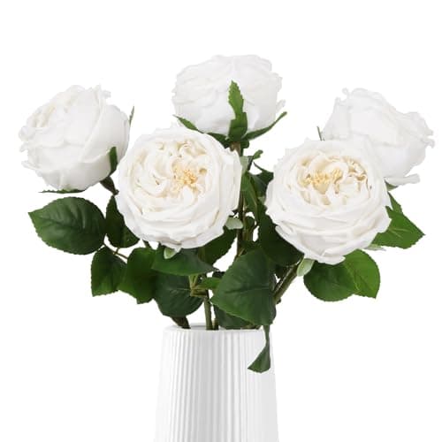 IPOPU White Roses Artificial Flowers,5PCS Real Touch Austin Roses Faux Peony Flowers Stems for Wedding Bouquet Party Home Decor(White)