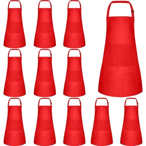 BOUBONI 12 Pack Kids Apron bulk with 2 Pockets Adjustable Chef Art Apron Kids Painting Aprons for Cooking Baking Painting Crafting Grilling Activity(Red)