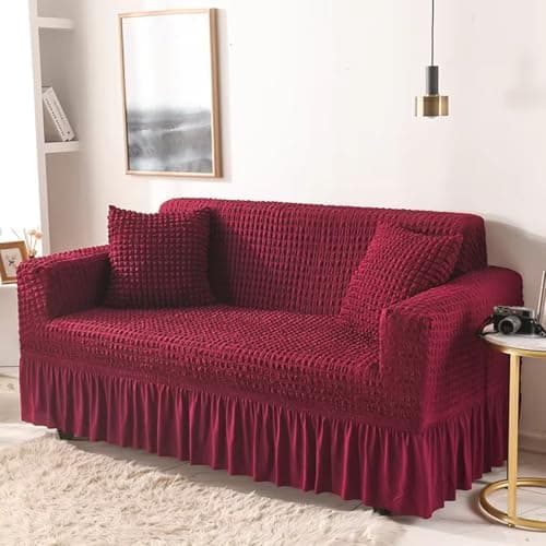 Lukzer 320 GSM Wine Red 4 Seater Turkish Sofa Cover Universal Couch Protector Bubble Fabric with Frill Universal Big Elasticity Furniture Slipcover (280-350cm/SC-098-04)