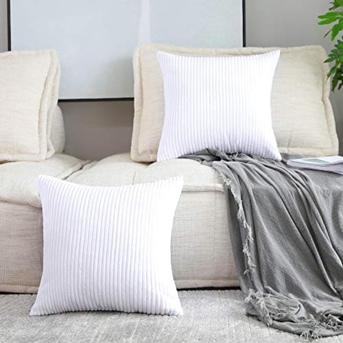 Home Brilliant White Euro Shams Set of 2 60x60 Pillow Covers Striped Corduroy Textured Velvet European Pillow Shams for Couch, 24 x 24 inch, Pure White