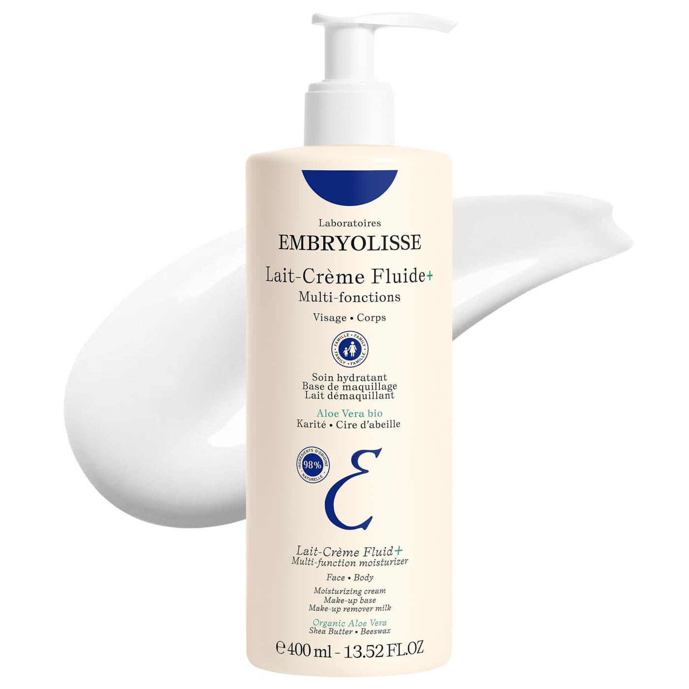 Embryolisse Lait Creme Fluid+ Face & Body Cream. Natural Lightweight Moisturizer for All Skin Types. Hydrating Lotion with Shea Butter & Aloe Vera, 13.52 Fl Oz