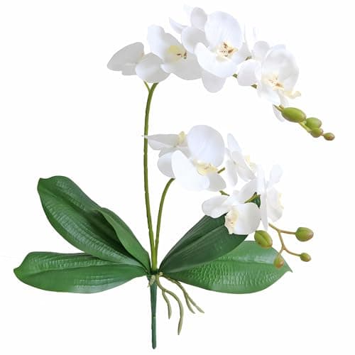 Jasming Elyjhyy Artificial Phaleanopsis Flowers Fake Orchids Leaves Branches for Home Bonsai Garden Decoration (White)